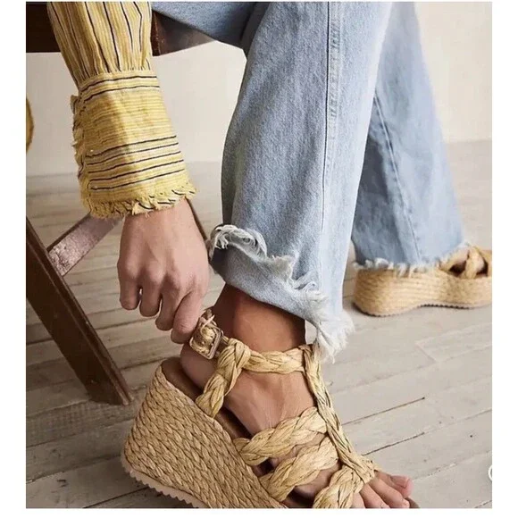 Free People Raffia Rendevous Platform Sandals Beige Braided Weave Shoes 39 US 9 - Picture 4 of 11